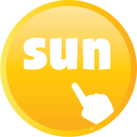 A hand pointing to the word sun