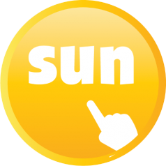 A hand pointing to the word sun